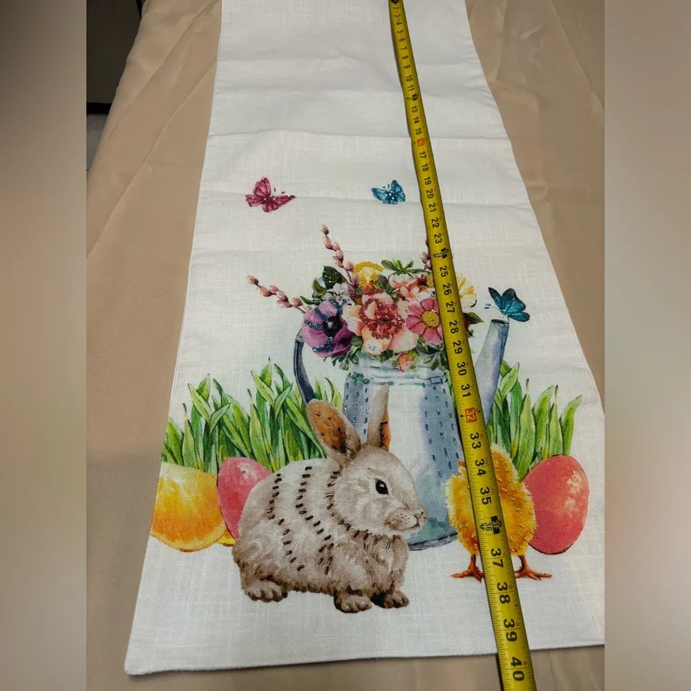 Bunny Tales Easter Beaded Table Runner White Bunny‎ Flowers Cotton